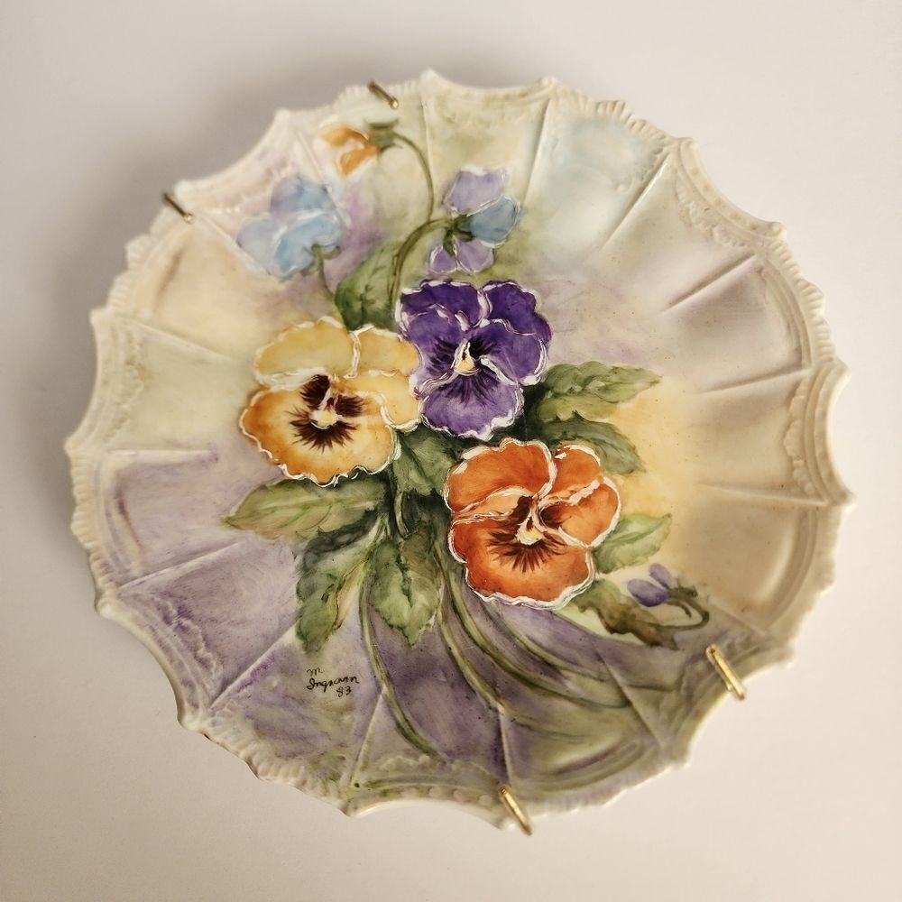 Vintage Handpainted Porcelain Scalloped Edged Floral Plate By Margie Ingram